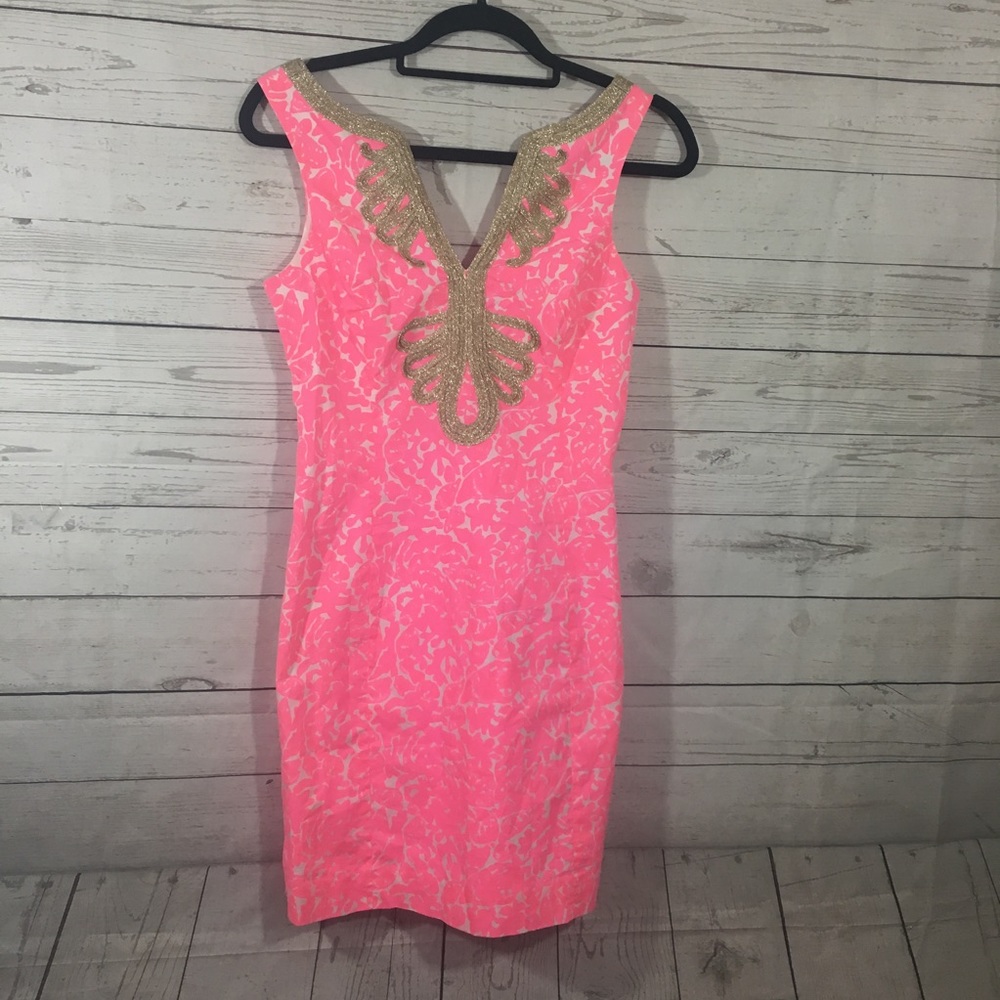Lilly Pulitzer Neon Pink & Gold Embellished Dress